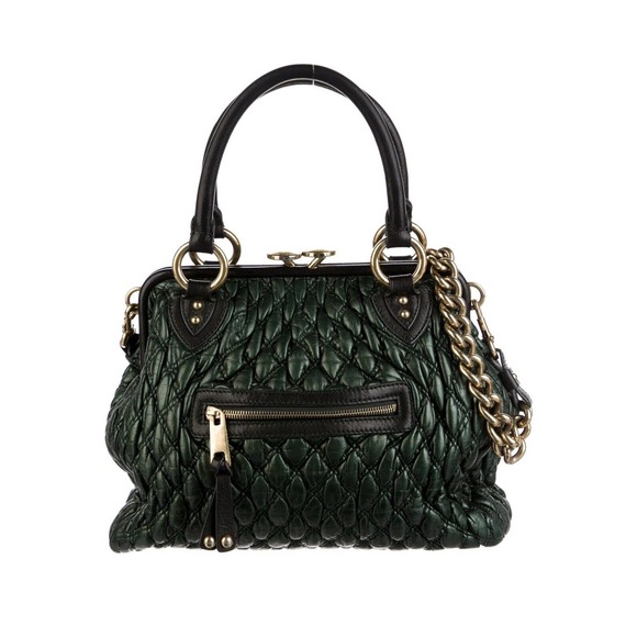 Marc Jacobs‎ Stam Bag Classic Quilted Satchel Shoulder Handbag Green Kiss Lock - Picture 1 of 6